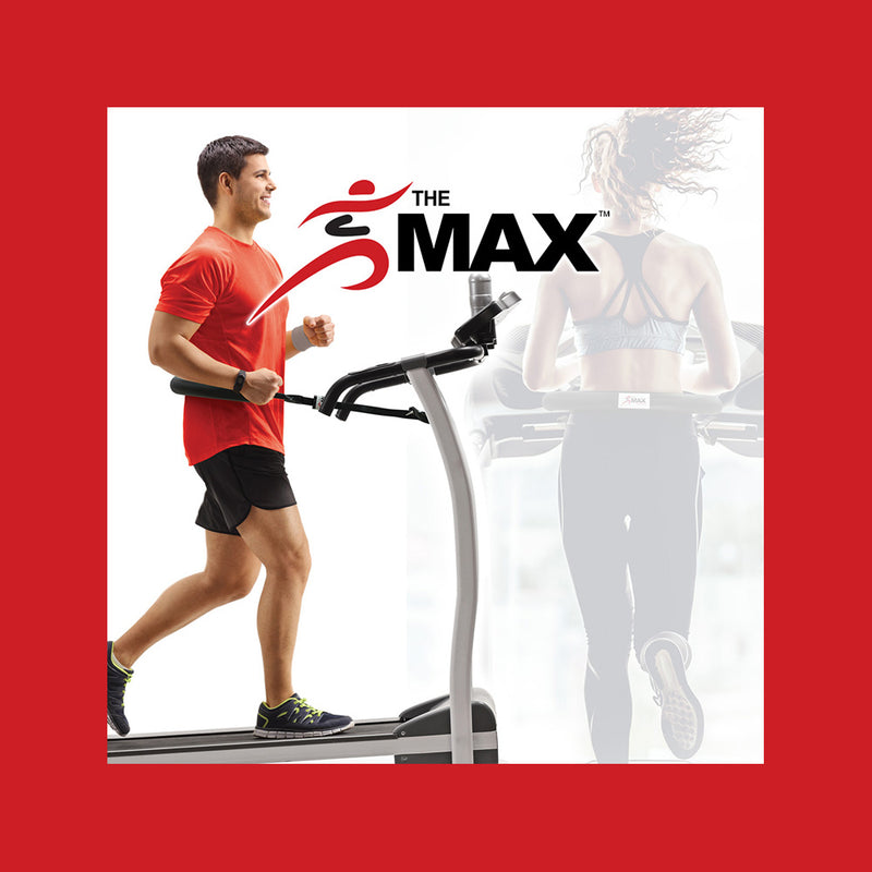 Man smiles while working out on a treadmill using Treadmill Max treadmill stability belt. Treadmill Max logo.