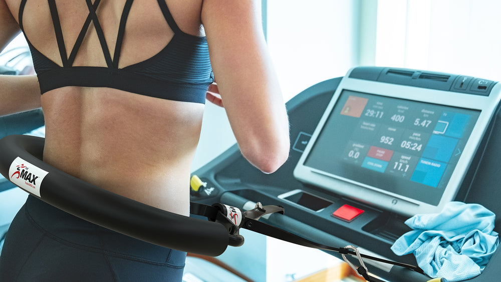 Woman using Treadmill Max treadmill stability belt while working out on a treadmill